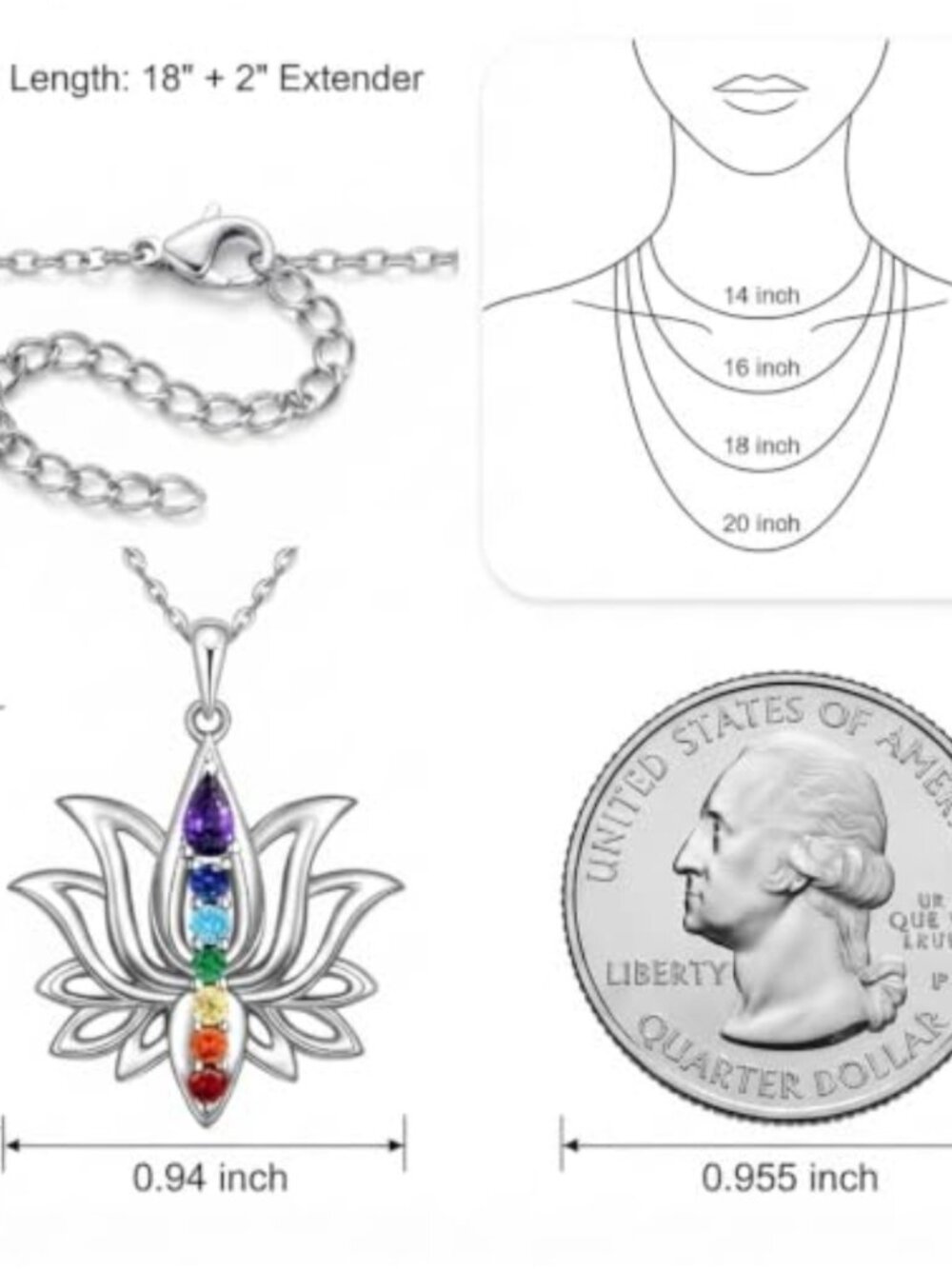 Sterling Silver Lotus Chakra Necklace 7 Chakra Pendant Yoga Jewelry - Picture 2 of 6